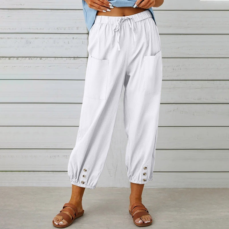 Pantalons en coton et lin à taille haute lâche avec boutons