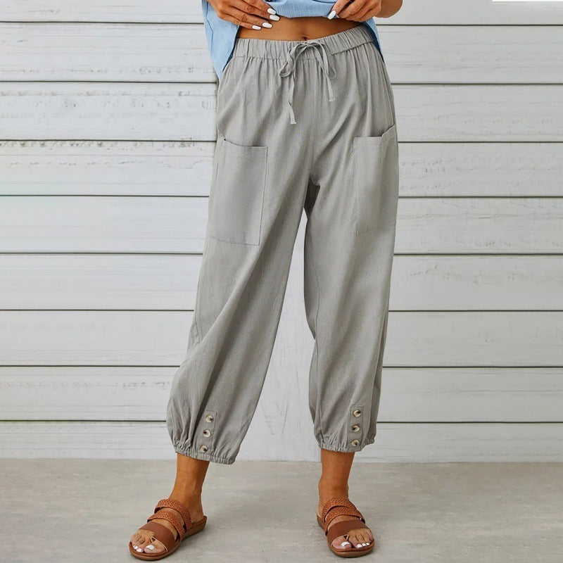 Pantalons en coton et lin à taille haute lâche avec boutons