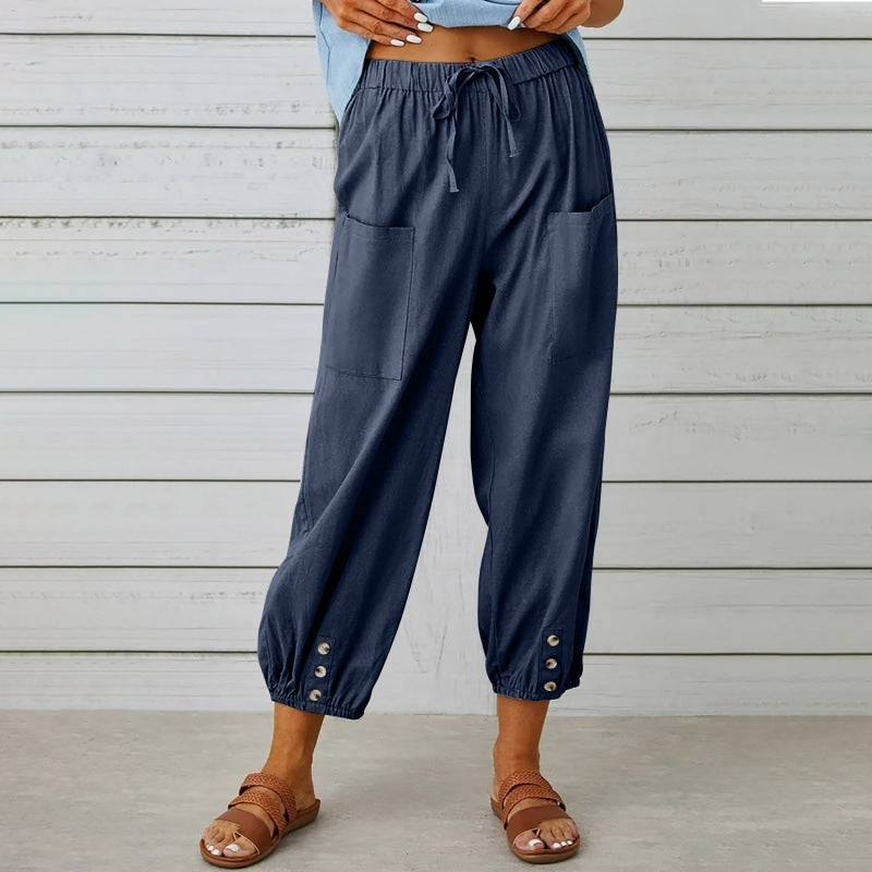 Pantalons en coton et lin à taille haute lâche avec boutons