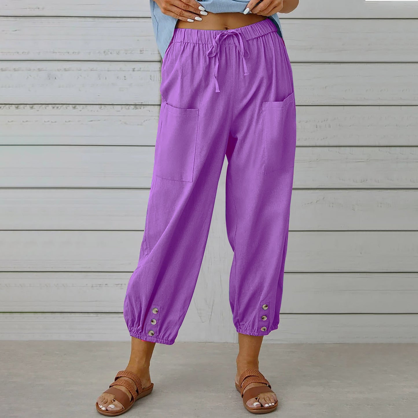 Pantalons en coton et lin à taille haute lâche avec boutons