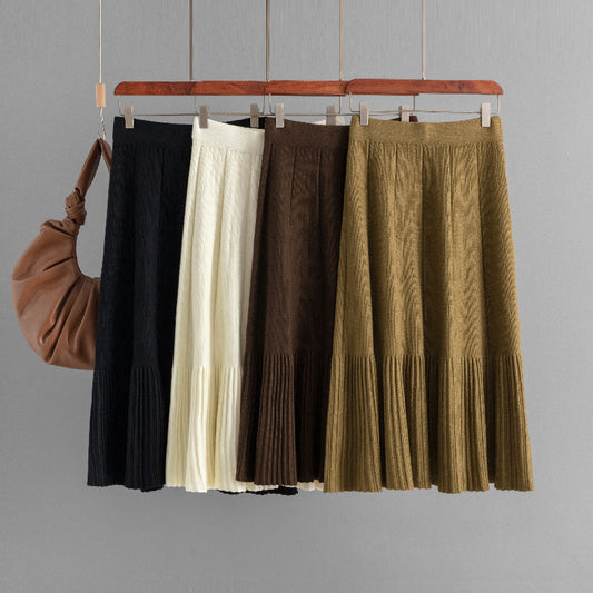 Jupe plissée tricotée amincissante taille haute pour femme, mi-longue