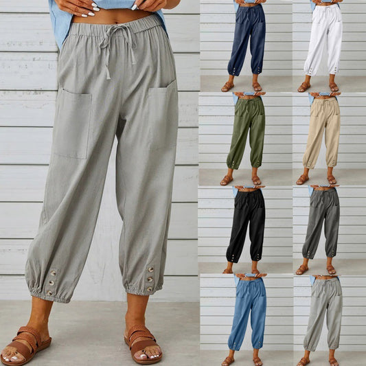 Pantalons en coton et lin à taille haute lâche avec boutons