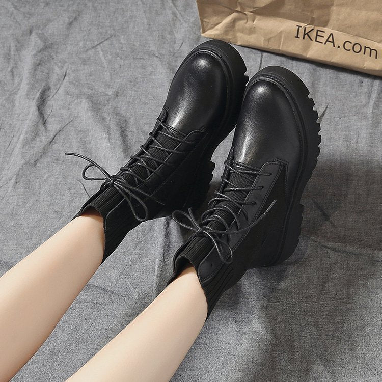 Bottes plates courtes à plateforme pour moto à talon épais pour femmes