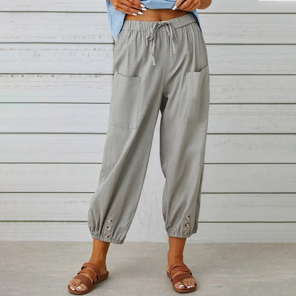 Pantalons en coton et lin à taille haute lâche avec boutons