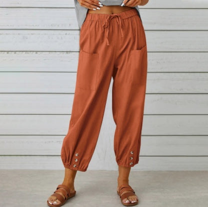 Pantalons en coton et lin à taille haute lâche avec boutons