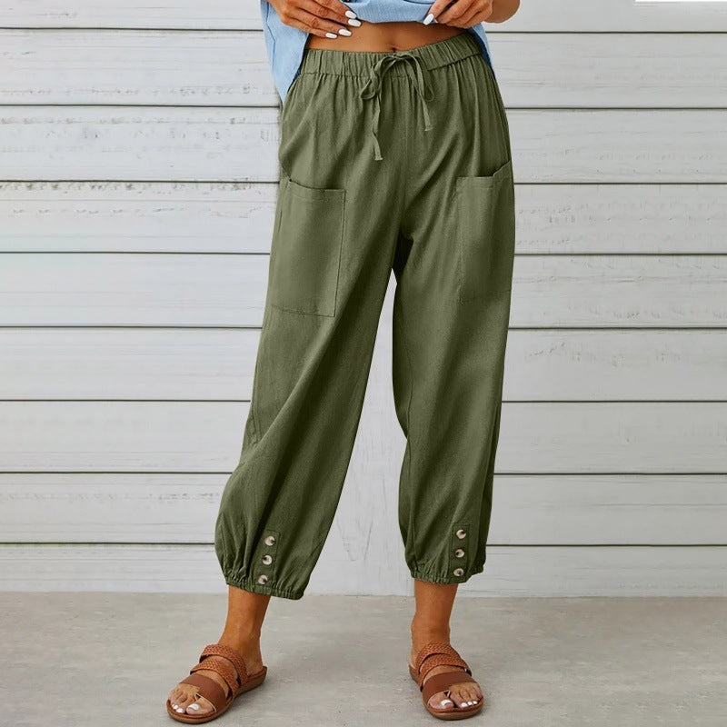 Pantalons en coton et lin à taille haute lâche avec boutons