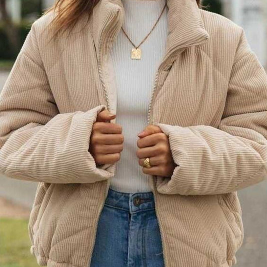 Veste en velours côtelé pour femmes à fermeture éclair, col montant rembourré et manches longues