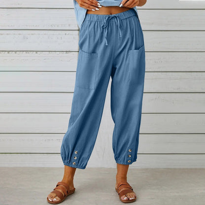 Pantalons en coton et lin à taille haute lâche avec boutons