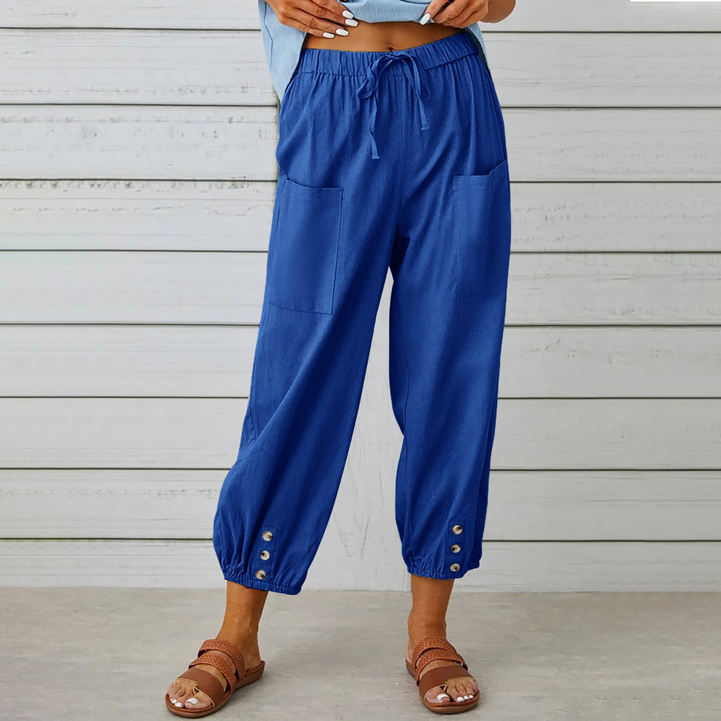 Pantalons en coton et lin à taille haute lâche avec boutons