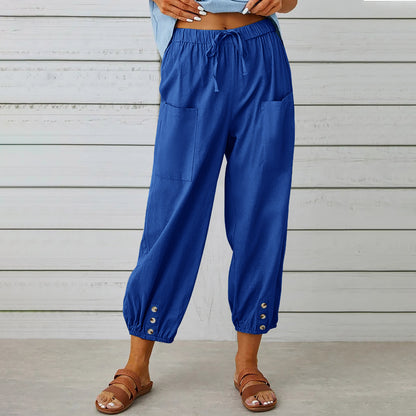 Pantalons en coton et lin à taille haute lâche avec boutons