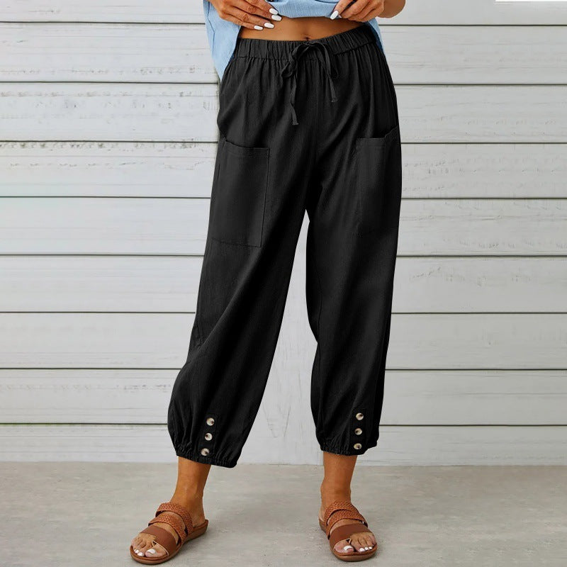 Pantalons en coton et lin à taille haute lâche avec boutons