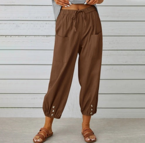 Pantalons en coton et lin à taille haute lâche avec boutons
