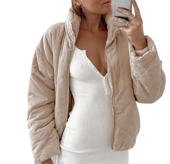 Veste en velours côtelé pour femmes à fermeture éclair, col montant rembourré et manches longues
