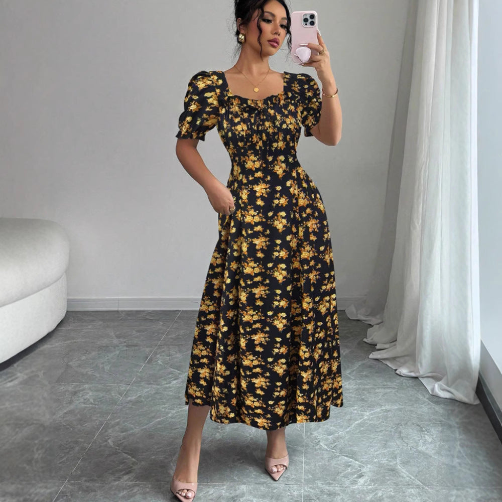 Robe imprimée à manches bouffantes et classique