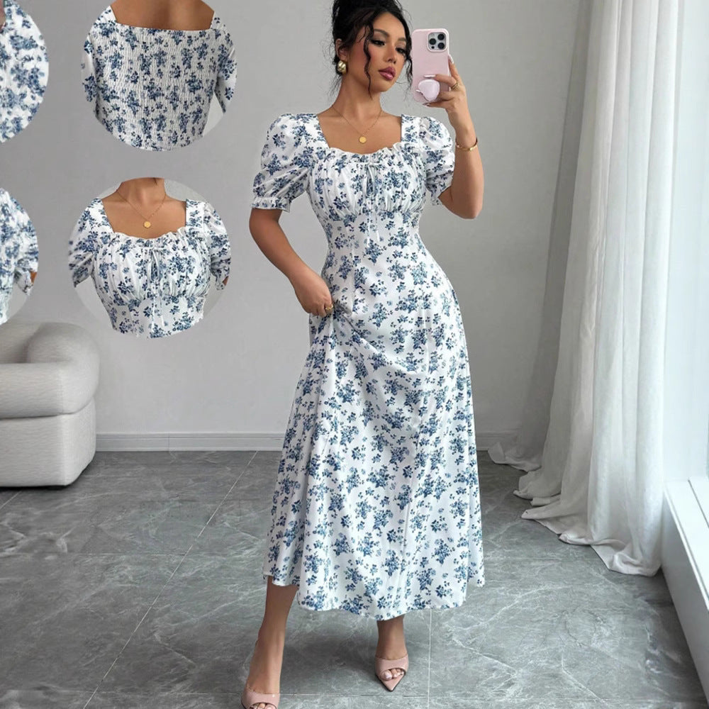 Robe imprimée à manches bouffantes et classique