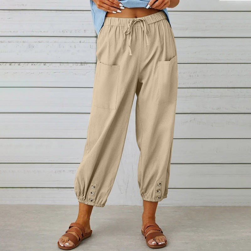Pantalons en coton et lin à taille haute lâche avec boutons