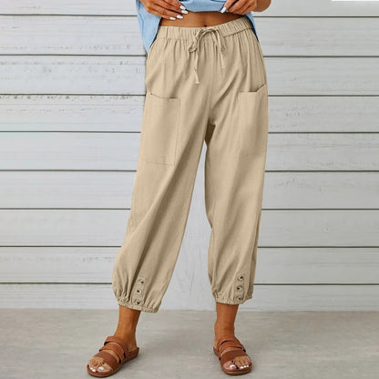 Pantalons en coton et lin à taille haute lâche avec boutons