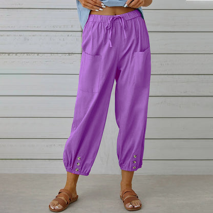 Pantalons en coton et lin à taille haute lâche avec boutons