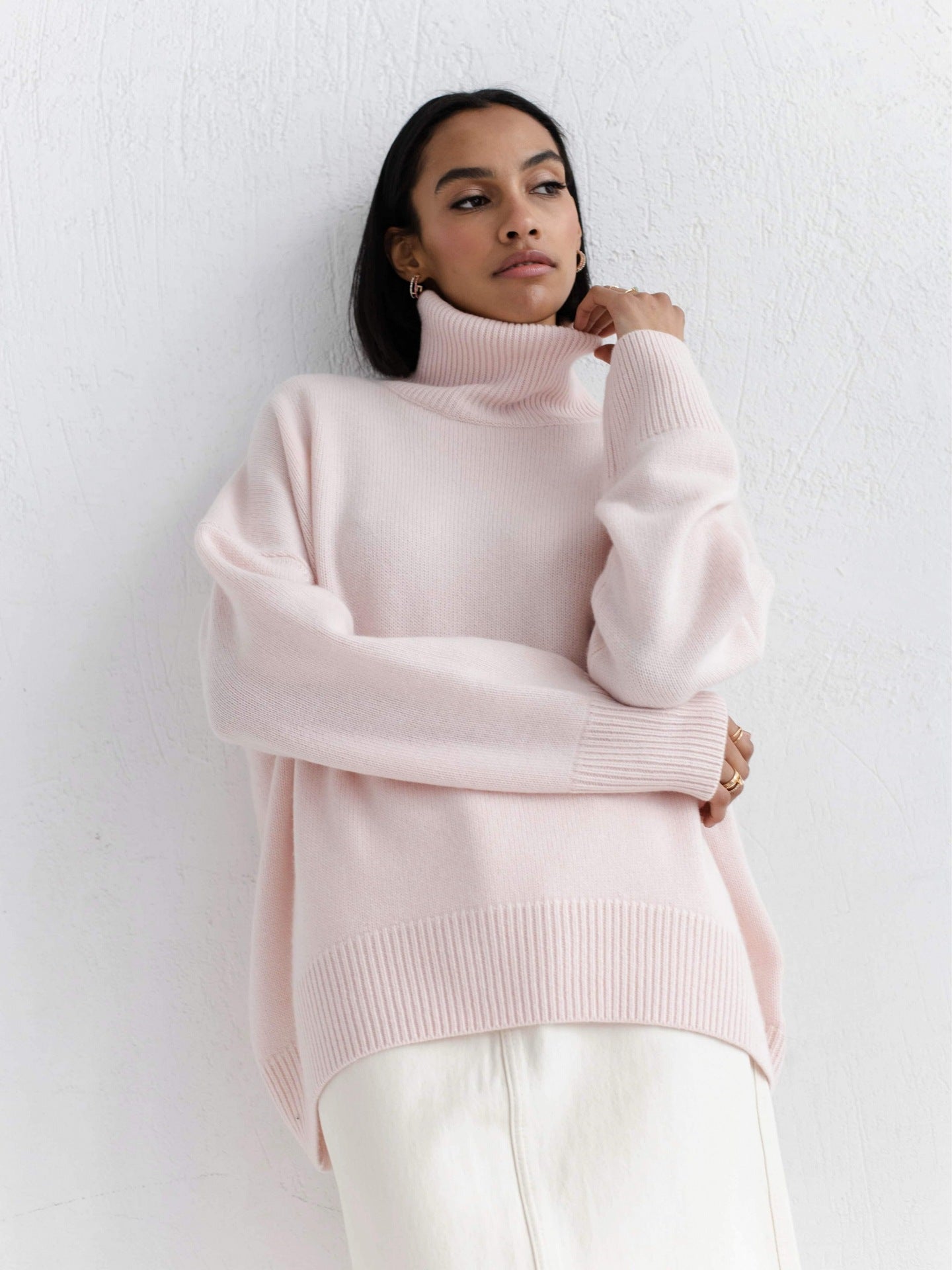 Pull à col roulé d'hiver uni à manches longues pour femme