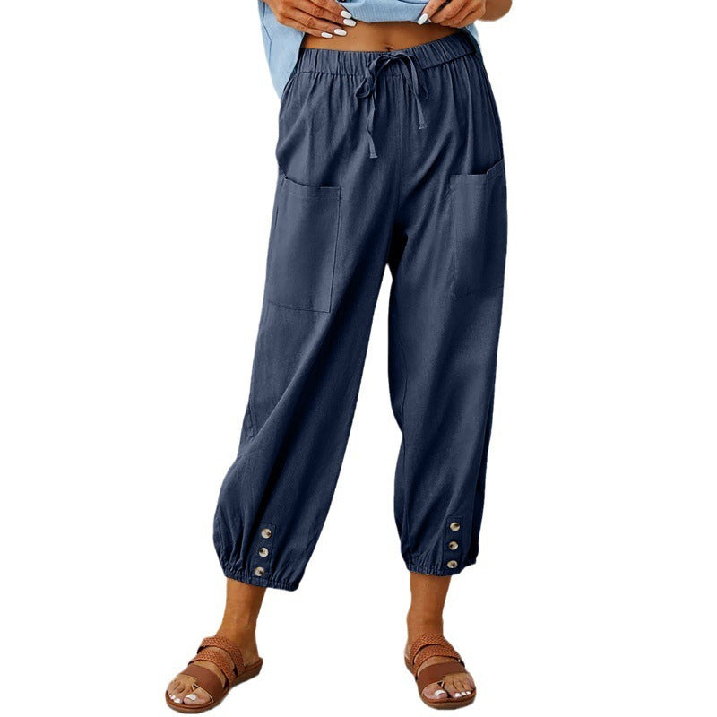 Pantalons en coton et lin à taille haute lâche avec boutons