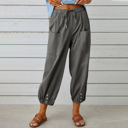 Pantalons en coton et lin à taille haute lâche avec boutons
