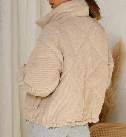 Veste en velours côtelé pour femmes à fermeture éclair, col montant rembourré et manches longues